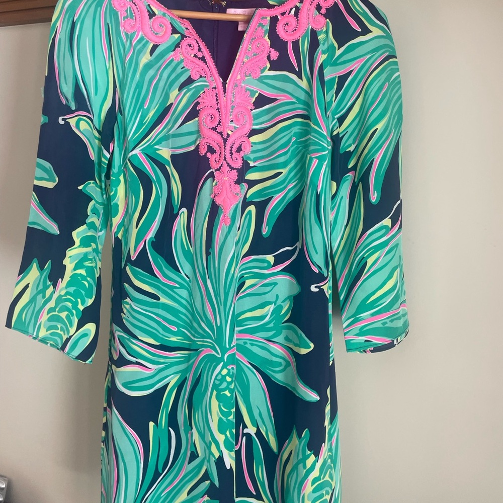 Tropical Leaf Print Dress with Pink Accents